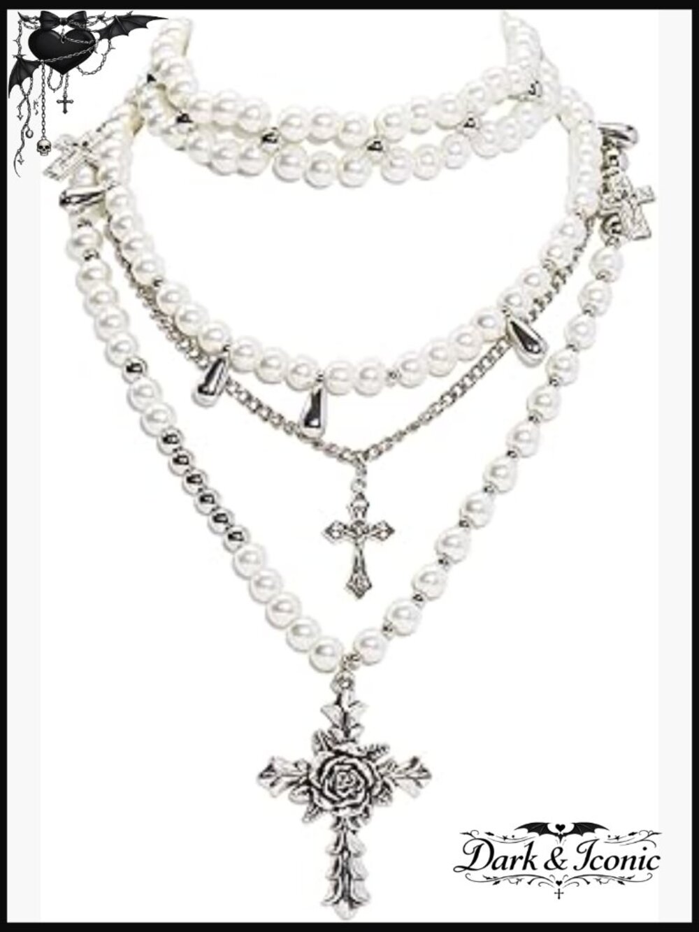 Gothic Cross Layered Pearl Necklace Chunky Statement Stacked Y2K